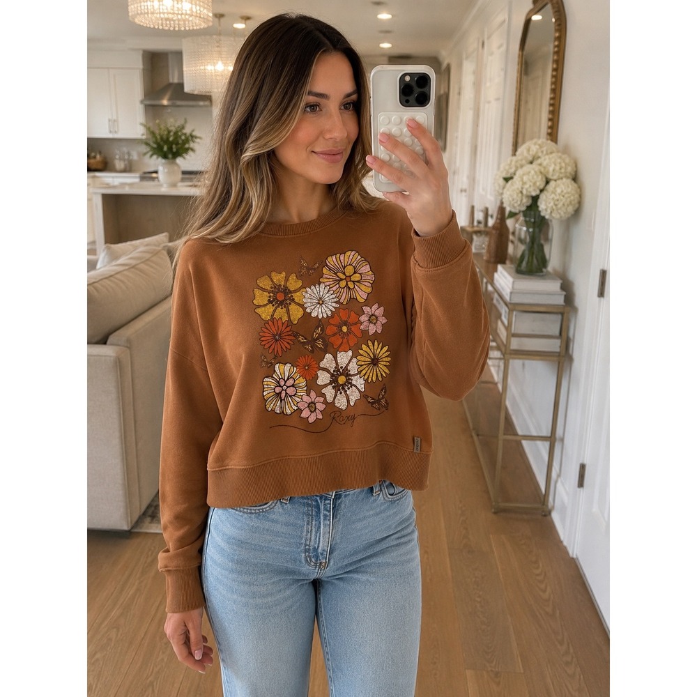 Roxy Womens Brown Floral Butterfly Graphic Crewneck Sweatshirt Small Retro Crop